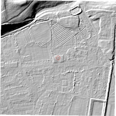 Shaded relief map of the ground around DN50HH, computed from Environment Agency LiDAR. The ground here sits at about 6 m above sea level and falls 16 m across the surrounding 800 m. Surface water reaching this point runs off ground lying to the west, 0.8 m higher.