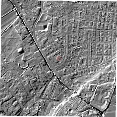 Shaded relief map of the ground around DN50HJ, computed from Environment Agency LiDAR. The ground here sits at about 6 m above sea level and falls 7 m across the surrounding 800 m. Surface water reaching this point runs off ground lying to the west, 0.6 m higher.