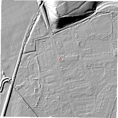 Shaded relief map of the ground around DN50HP, computed from Environment Agency LiDAR. The ground here sits at about 6 m above sea level and falls 19 m across the surrounding 800 m. Surface water reaching this point runs off ground lying to the north-east, 0.9 m higher.