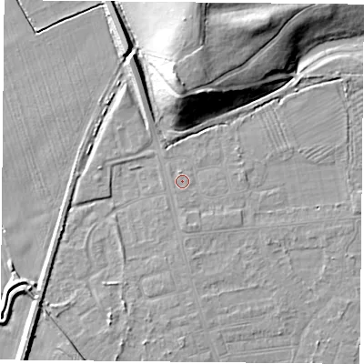 Shaded relief map of the ground around DN50HQ, computed from Environment Agency LiDAR. The ground here sits at about 6 m above sea level and falls 19 m across the surrounding 800 m. Surface water reaching this point runs off ground lying to the south, 1.2 m higher.