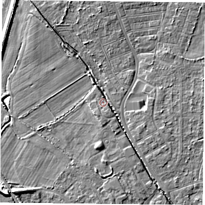 Shaded relief map of the ground around DN50HR, computed from Environment Agency LiDAR. The ground here sits at about 6 m above sea level and falls 8 m across the surrounding 800 m. Surface water reaching this point runs off ground lying to the south, 2.8 m higher.