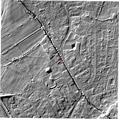 Shaded relief map of the ground around DN50HU, computed from Environment Agency LiDAR. The ground here sits at about 6 m above sea level and falls 7 m across the surrounding 800 m. Surface water reaching this point runs off ground lying to the south-west, 1.8 m higher.