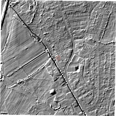 Shaded relief map of the ground around DN50HZ, computed from Environment Agency LiDAR. The ground here sits at about 5 m above sea level and falls 5 m across the surrounding 800 m. Surface water reaching this point runs off ground lying to the north-west, 4.0 m higher.