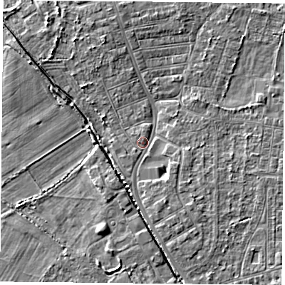 Shaded relief map of the ground around DN50JB, computed from Environment Agency LiDAR. The ground here sits at about 5 m above sea level and falls 4 m across the surrounding 800 m. Surface water reaching this point runs off ground lying to the south-south-west, 2.8 m higher.