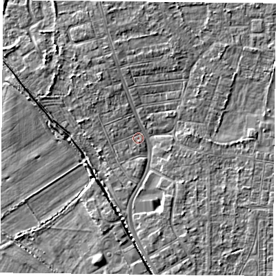 Shaded relief map of the ground around DN50JD, computed from Environment Agency LiDAR. The ground here sits at about 5 m above sea level and falls 4 m across the surrounding 800 m. Surface water reaching this point runs off ground lying to the north-west, 2.2 m higher.