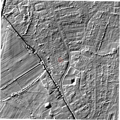 Shaded relief map of the ground around DN50JE, computed from Environment Agency LiDAR. The ground here sits at about 5 m above sea level and falls 4 m across the surrounding 800 m. Surface water reaching this point runs off ground lying to the south-south-west, 3.3 m higher.