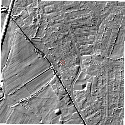 Shaded relief map of the ground around DN50JF, computed from Environment Agency LiDAR. The ground here sits at about 5 m above sea level and falls 5 m across the surrounding 800 m. Surface water reaching this point runs off ground lying to the west-north-west, 4.0 m higher.