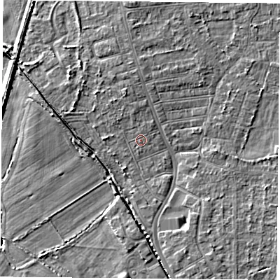 Shaded relief map of the ground around DN50JG, computed from Environment Agency LiDAR. The ground here sits at about 5 m above sea level and falls 5 m across the surrounding 800 m. Surface water reaching this point runs off ground lying to the north-north-west, 1.3 m higher.