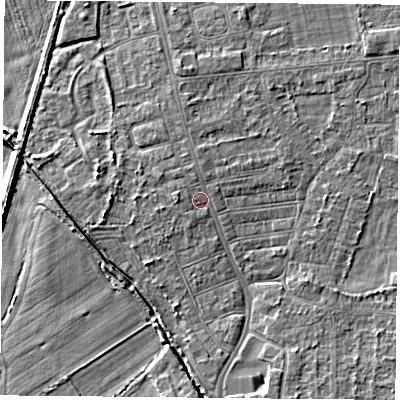 Shaded relief map of the ground around DN50JH, computed from Environment Agency LiDAR. The ground here sits at about 6 m above sea level and falls 5 m across the surrounding 800 m. Surface water reaching this point runs off ground lying to the west-north-west, 1.3 m higher.