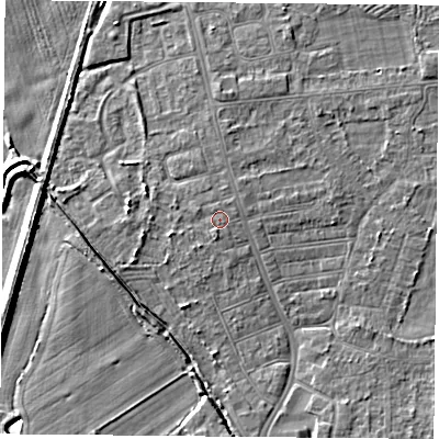 Shaded relief map of the ground around DN50JL, computed from Environment Agency LiDAR. The ground here sits at about 6 m above sea level and falls 6 m across the surrounding 800 m. Surface water reaching this point runs off ground lying to the west-north-west, 0.8 m higher.