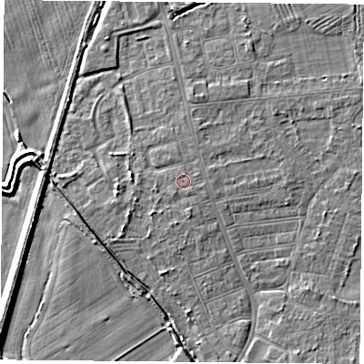 Shaded relief map of the ground around DN50JN, computed from Environment Agency LiDAR. The ground here sits at about 6 m above sea level and falls 7 m across the surrounding 800 m. The ground contributing surface water to this point lies to the east-north-east.