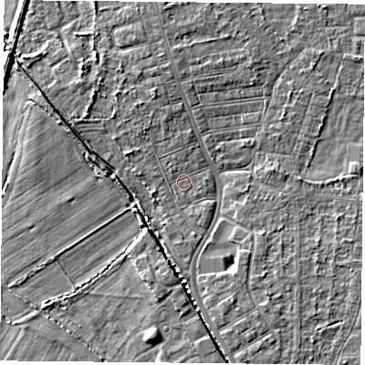 Shaded relief map of the ground around DN50JQ, computed from Environment Agency LiDAR. The ground here sits at about 5 m above sea level and falls 4 m across the surrounding 800 m. Surface water reaching this point runs off ground lying to the north-north-west, 1.7 m higher.