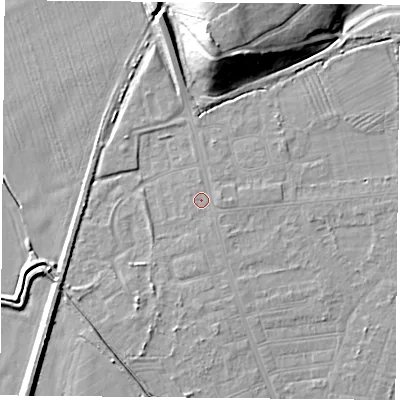 Shaded relief map of the ground around DN50JR, computed from Environment Agency LiDAR. The ground here sits at about 6 m above sea level and falls 19 m across the surrounding 800 m. Surface water reaching this point runs off ground lying to the east-north-east, 0.9 m higher.