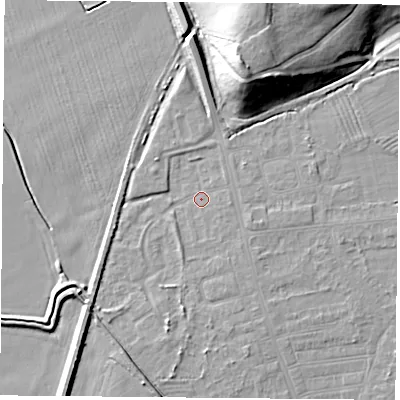 Shaded relief map of the ground around DN50JS, computed from Environment Agency LiDAR. The ground here sits at about 6 m above sea level and falls 19 m across the surrounding 800 m. Surface water reaching this point runs off ground lying to the east-south-east, 1.6 m higher.