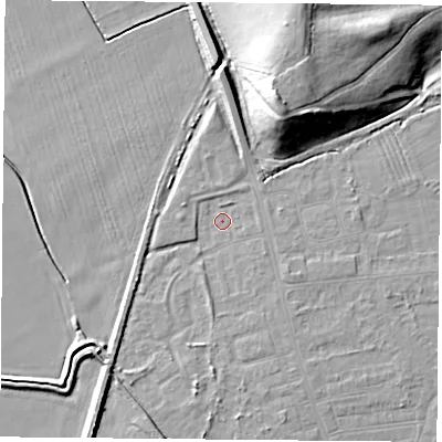 Shaded relief map of the ground around DN50JT, computed from Environment Agency LiDAR. The ground here sits at about 5 m above sea level and falls 19 m across the surrounding 800 m. Surface water reaching this point runs off ground lying to the north, 5.7 m higher.