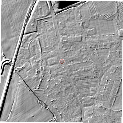Shaded relief map of the ground around DN50JW, computed from Environment Agency LiDAR. The ground here sits at about 6 m above sea level and falls 12 m across the surrounding 800 m. The ground contributing surface water to this point lies to the south-south-east.