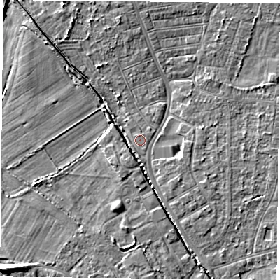 Shaded relief map of the ground around DN50JX, computed from Environment Agency LiDAR. The ground here sits at about 5 m above sea level and falls 8 m across the surrounding 800 m. The ground contributing surface water to this point lies to the north-north-west.