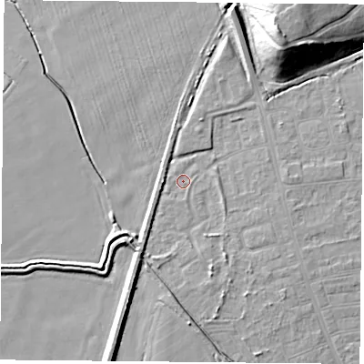 Shaded relief map of the ground around DN50JY, computed from Environment Agency LiDAR. The ground here sits at about 5 m above sea level and falls 19 m across the surrounding 800 m. Surface water reaching this point runs off ground lying to the north-north-east, 6.6 m higher.
