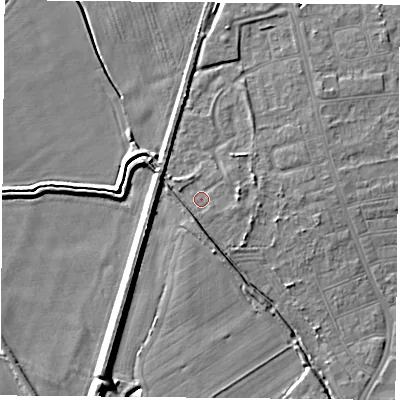 Shaded relief map of the ground around DN50JZ, computed from Environment Agency LiDAR. The ground here sits at about 6 m above sea level and falls 8 m across the surrounding 800 m. Surface water reaching this point runs off ground lying to the east, 1.8 m higher.