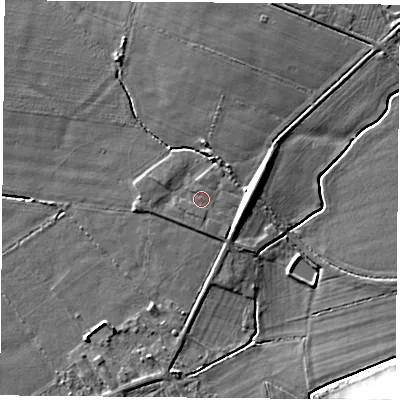 Shaded relief map of the ground around DN50LB, computed from Environment Agency LiDAR. The ground here sits at about 5 m above sea level and falls 10 m across the surrounding 800 m. Surface water reaching this point runs off ground lying to the east, 4.0 m higher.