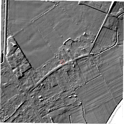 Shaded relief map of the ground around DN50LG, computed from Environment Agency LiDAR. The ground here sits at about 5 m above sea level and falls 13 m across the surrounding 800 m. Surface water reaching this point runs off ground lying to the east, 1.0 m higher.