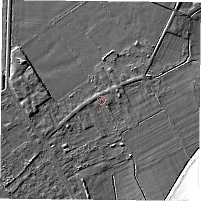 Shaded relief map of the ground around DN50LH, computed from Environment Agency LiDAR. The ground here sits at about 5 m above sea level and falls 15 m across the surrounding 800 m. Surface water reaching this point runs off ground lying to the north-east, 1.5 m higher.