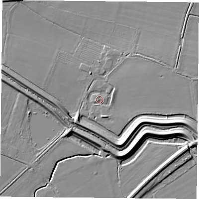 Shaded relief map of the ground around DN50LJ, computed from Environment Agency LiDAR. The ground here sits at about 3 m above sea level and falls 8 m across the surrounding 800 m. Surface water reaching this point runs off ground lying to the south-south-east, 5.6 m higher.