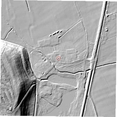 Shaded relief map of the ground around DN50LL, computed from Environment Agency LiDAR. The ground here sits at about 5 m above sea level and falls 25 m across the surrounding 800 m. Surface water reaching this point runs off ground lying to the east-north-east, 0.9 m higher.
