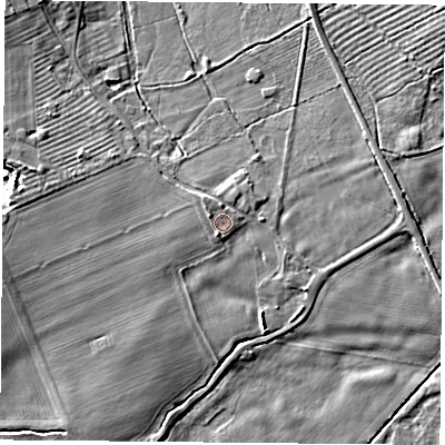 Shaded relief map of the ground around DN50LP, computed from Environment Agency LiDAR. The ground here sits at about 7 m above sea level and falls 7 m across the surrounding 800 m. Surface water reaching this point runs off ground lying to the west-north-west, 1.3 m higher.