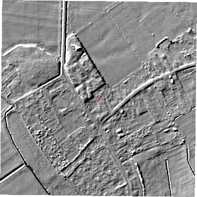 Shaded relief map of the ground around DN50LQ, computed from Environment Agency LiDAR. The ground here sits at about 4 m above sea level and falls 6 m across the surrounding 800 m. Surface water reaching this point runs off ground lying to the west, 2.6 m higher.
