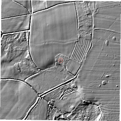Shaded relief map of the ground around DN50LR, computed from Environment Agency LiDAR. The ground here sits at about 5 m above sea level and falls 6 m across the surrounding 800 m. Surface water reaching this point runs off ground lying to the north-east, 1.1 m higher.