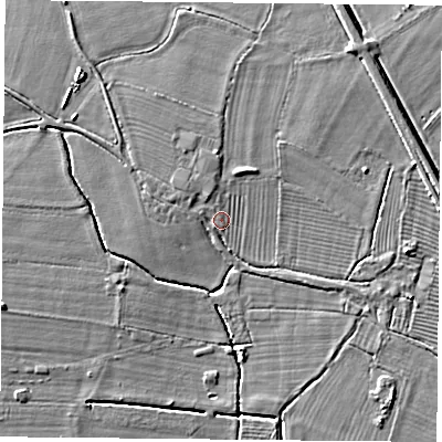 Shaded relief map of the ground around DN50LS, computed from Environment Agency LiDAR. The ground here sits at about 6 m above sea level and falls 6 m across the surrounding 800 m. Surface water reaching this point runs off ground lying to the north, 2.0 m higher.