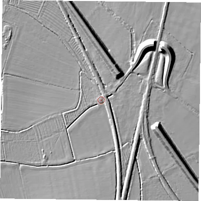 Shaded relief map of the ground around DN50LT, computed from Environment Agency LiDAR. The ground here sits at about 5 m above sea level and falls 12 m across the surrounding 800 m. Surface water reaching this point runs off ground lying to the north-east, 1.7 m higher.