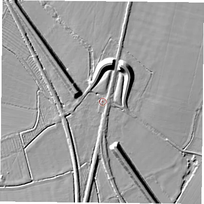 Shaded relief map of the ground around DN50LU, computed from Environment Agency LiDAR. The ground here sits at about 6 m above sea level and falls 12 m across the surrounding 800 m. Surface water reaching this point runs off ground lying to the north-north-east, 8.7 m higher.