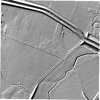 Shaded relief map of the ground around DN50LW, computed from Environment Agency LiDAR. The ground here sits at about 5 m above sea level and falls 8 m across the surrounding 800 m. The ground contributing surface water to this point lies to the north-north-west.