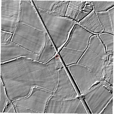 Shaded relief map of the ground around DN50LX, computed from Environment Agency LiDAR. The ground here sits at about 6 m above sea level and falls 3 m across the surrounding 800 m. Surface water reaching this point runs off ground lying to the north, 1.8 m higher.