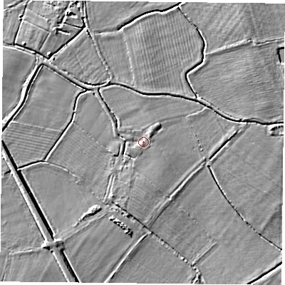 Shaded relief map of the ground around DN50LY, computed from Environment Agency LiDAR. The ground here sits at about 7 m above sea level and falls 3 m across the surrounding 800 m. Surface water reaching this point runs off ground lying to the south-south-west, 0.8 m higher.