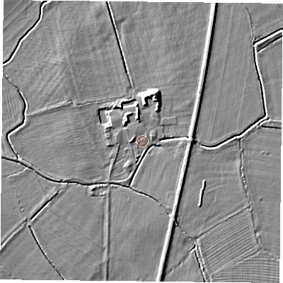 Shaded relief map of the ground around DN50LZ, computed from Environment Agency LiDAR. The ground here sits at about 6 m above sea level and falls 6 m across the surrounding 800 m. Surface water reaching this point runs off ground lying to the west, 1.9 m higher.