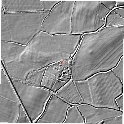 Shaded relief map of the ground around DN50NA, computed from Environment Agency LiDAR. The ground here sits at about 6 m above sea level and falls 4 m across the surrounding 800 m. Surface water reaching this point runs off ground lying to the south, 1.7 m higher.
