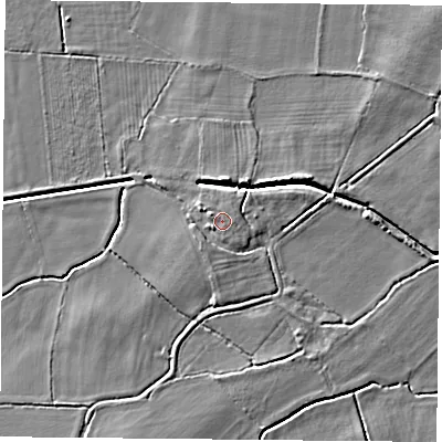 Shaded relief map of the ground around DN50NB, computed from Environment Agency LiDAR. The ground here sits at about 7 m above sea level and falls 5 m across the surrounding 800 m. Surface water reaching this point runs off ground lying to the west-north-west, 0.9 m higher.