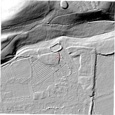 Shaded relief map of the ground around DN50NF, computed from Environment Agency LiDAR. The ground here sits at about 7 m above sea level and falls 27 m across the surrounding 800 m. Surface water reaching this point runs off ground lying to the north-north-east, 2.5 m higher.
