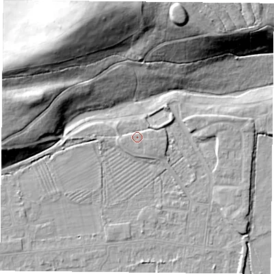 Shaded relief map of the ground around DN50NG, computed from Environment Agency LiDAR. The ground here sits at about 7 m above sea level and falls 27 m across the surrounding 800 m. Surface water reaching this point runs off ground lying to the east-north-east, 1.7 m higher.