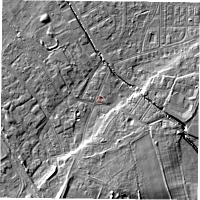 Shaded relief map of the ground around DN50NH, computed from Environment Agency LiDAR. The ground here sits at about 5 m above sea level and falls 11 m across the surrounding 800 m. Surface water reaching this point runs off ground lying to the south-south-west, 10.9 m higher.