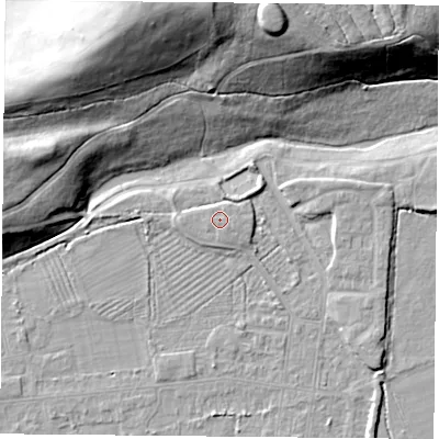 Shaded relief map of the ground around DN50NJ, computed from Environment Agency LiDAR. The ground here sits at about 8 m above sea level and falls 27 m across the surrounding 800 m. The ground contributing surface water to this point lies to the west-south-west.