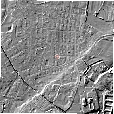 Shaded relief map of the ground around DN50NL, computed from Environment Agency LiDAR. The ground here sits at about 5 m above sea level and falls 11 m across the surrounding 800 m. Surface water reaching this point runs off ground lying to the south, 0.8 m higher.