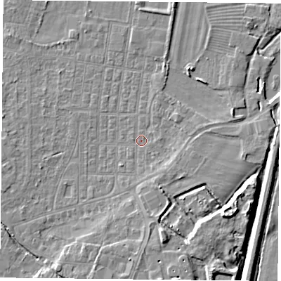 Shaded relief map of the ground around DN50NN, computed from Environment Agency LiDAR. The ground here sits at about 5 m above sea level and falls 9 m across the surrounding 800 m. Surface water reaching this point runs off ground lying to the east, 2.5 m higher.