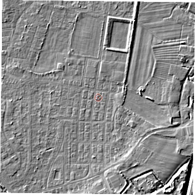 Shaded relief map of the ground around DN50NP, computed from Environment Agency LiDAR. The ground here sits at about 5 m above sea level and falls 9 m across the surrounding 800 m. Surface water reaching this point runs off ground lying to the east-south-east, 2.7 m higher.