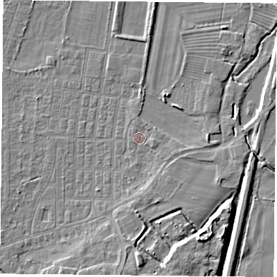 Shaded relief map of the ground around DN50NQ, computed from Environment Agency LiDAR. The ground here sits at about 6 m above sea level and falls 9 m across the surrounding 800 m. Surface water reaching this point runs off ground lying to the east, 1.2 m higher.