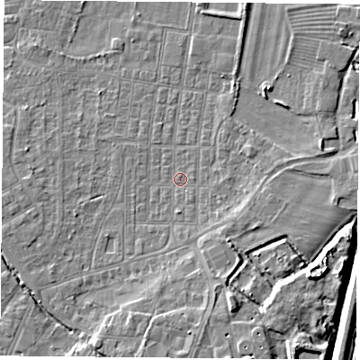 Shaded relief map of the ground around DN50NR, computed from Environment Agency LiDAR. The ground here sits at about 5 m above sea level and falls 9 m across the surrounding 800 m. Surface water reaching this point runs off ground lying to the west-south-west, 1.4 m higher.