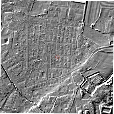 Shaded relief map of the ground around DN50NS, computed from Environment Agency LiDAR. The ground here sits at about 5 m above sea level and falls 9 m across the surrounding 800 m. Surface water reaching this point runs off ground lying to the south-east, 1.3 m higher.